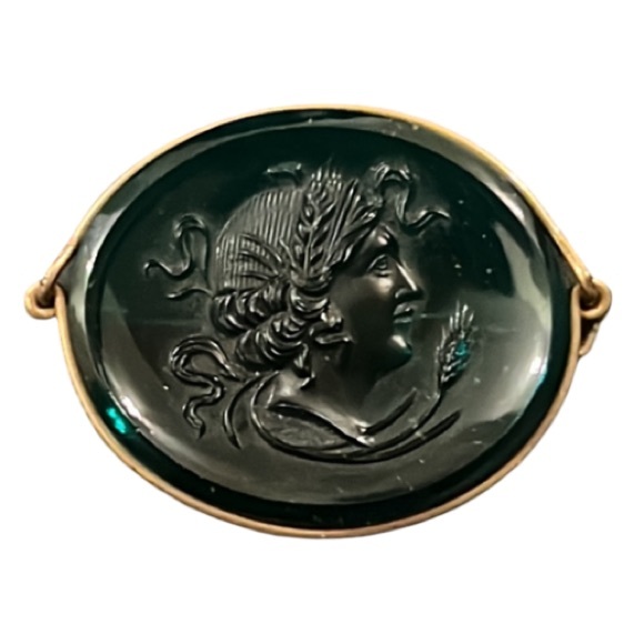 Antique Victorian Green Indigo Glass Oval Lady Cameo Gold Filled Brooch - Picture 2 of 6